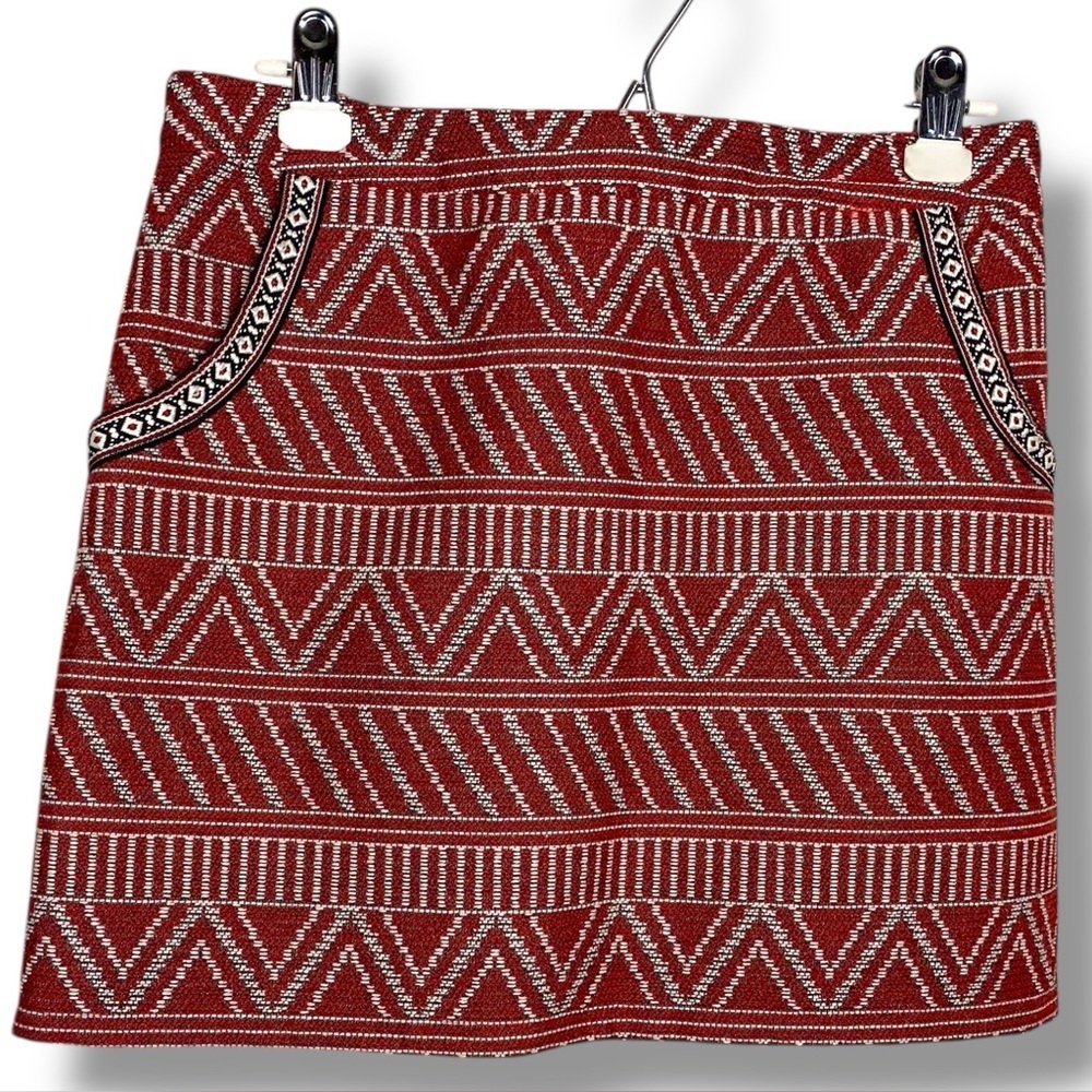 Small Just Fab Skirt Wool Blend Mini Tribal Geometric Red White Boho Bohemian